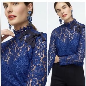 J Crew Festive Blue Mockneck Floral Lace Long Sleeve Blouse Women Sz 10